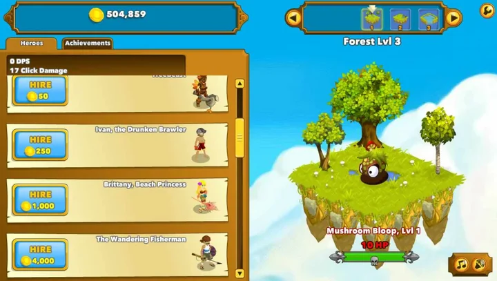 Clicker Heroes gameplay screen featuring an early forest level with a small monster and available heroes to hire.