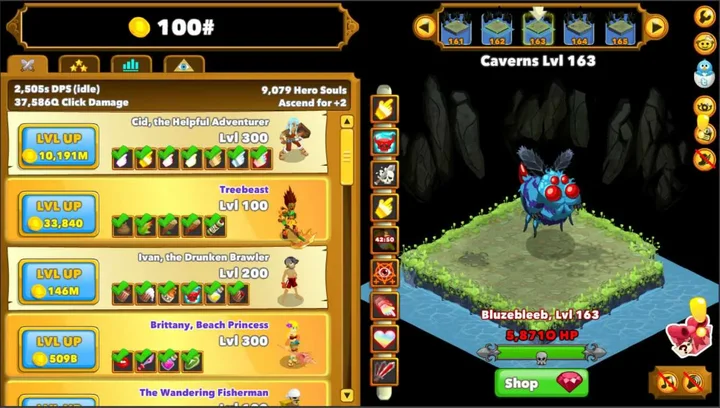 Clicker Heroes gameplay screen displaying a cavern level with a large spider-like monster and high-level heroes.