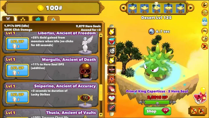 Clicker Heroes gameplay screen showing a desert level with a spiky green boss monster and hero upgrades menu.