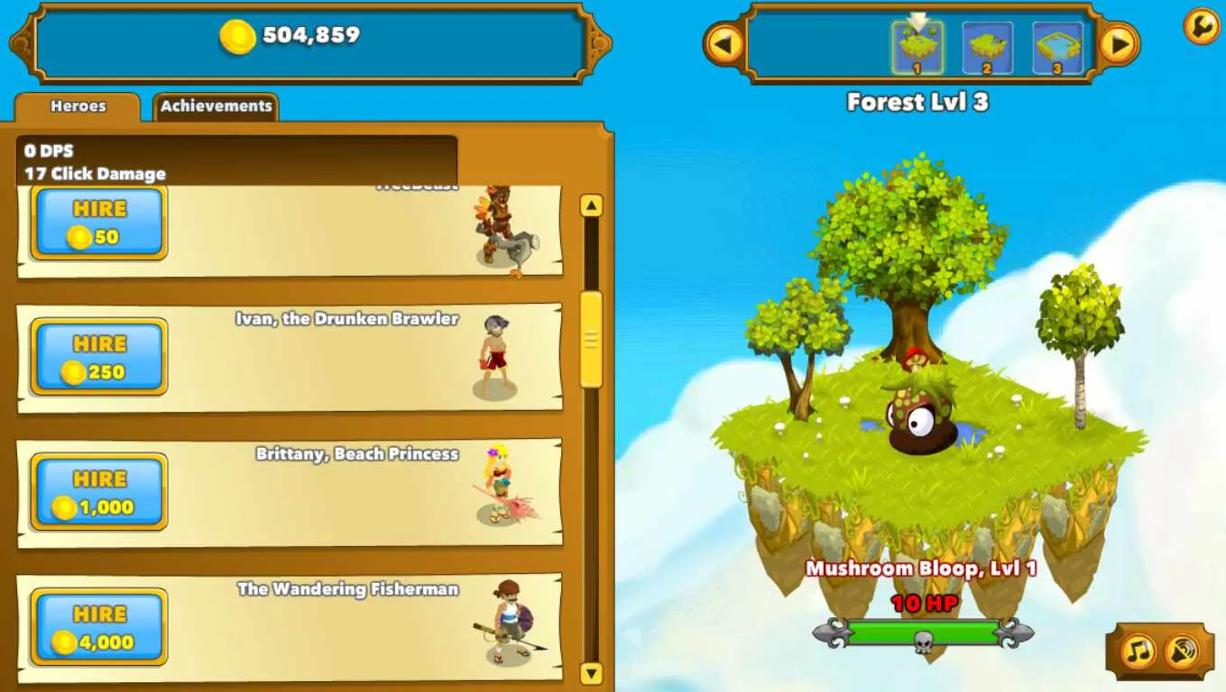 Clicker Heroes gameplay screen showing a desert level with a spiky green boss monster and hero upgrades menu.