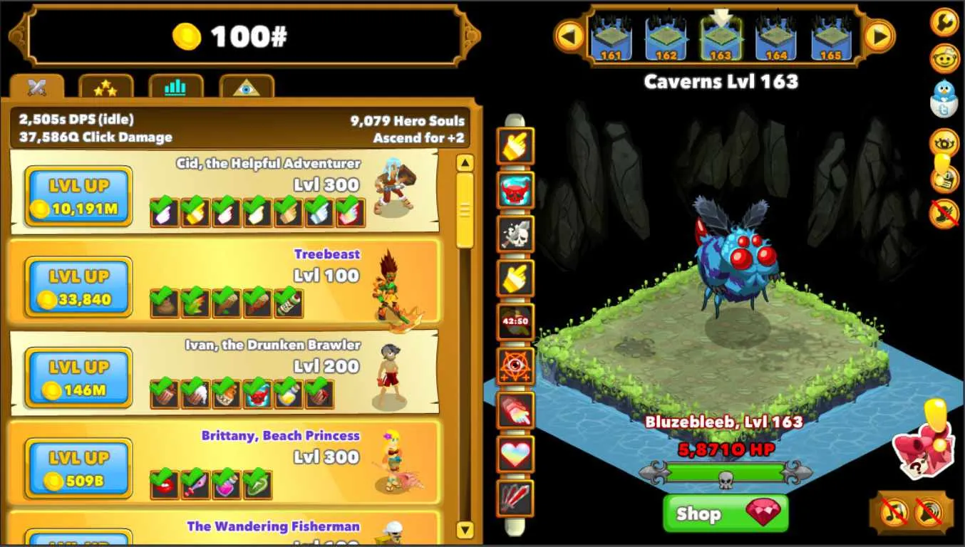 Clicker Heroes gameplay screen featuring an early forest level with a small monster and available heroes to hire.